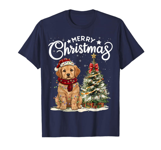 Golden Retriever Merry Christmas Dog Santa Hat Tree Lights T-Shirt
