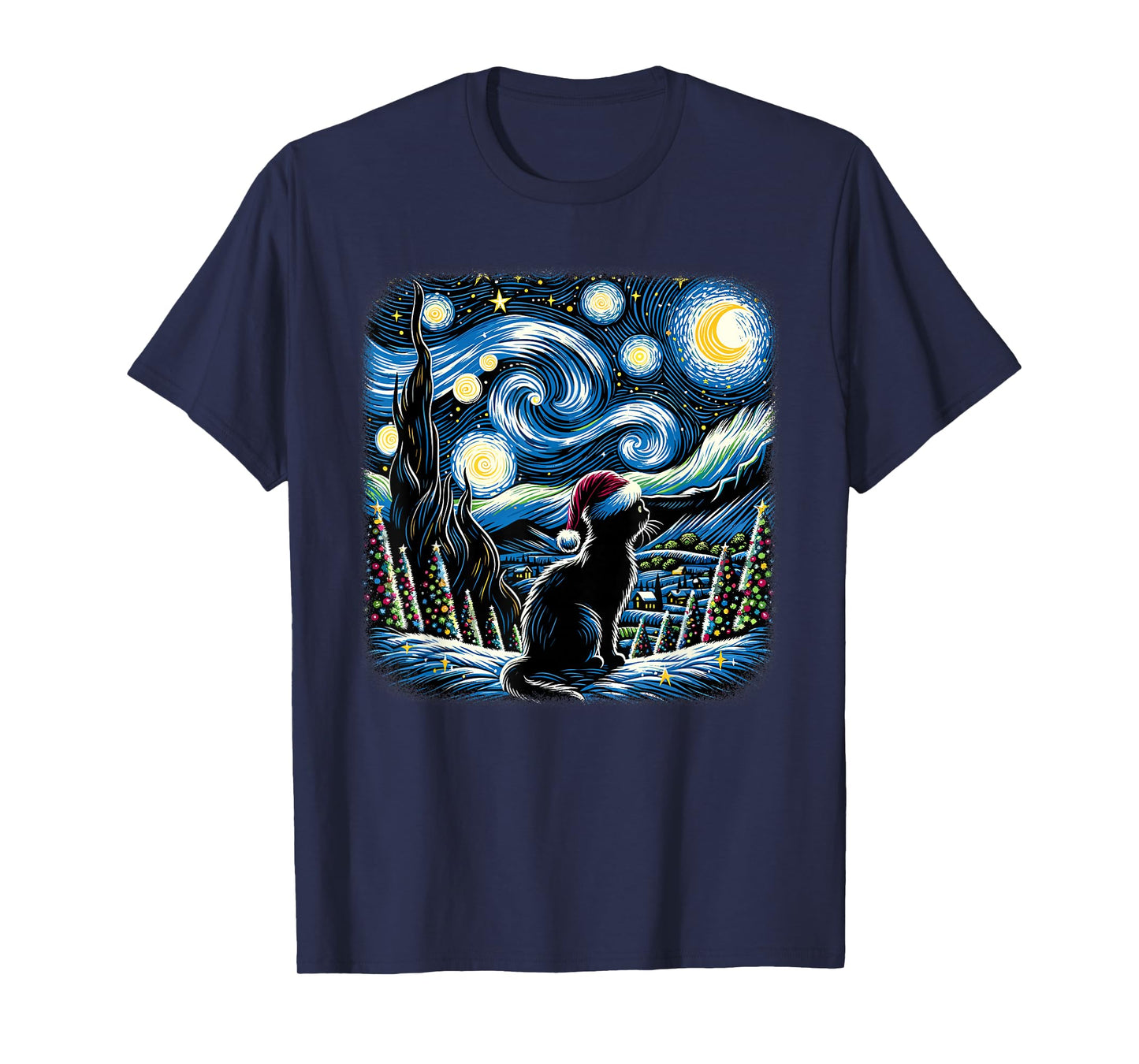 Van Gogh Starry Night Festive Christmas Black Cat Santa Hat T-Shirt