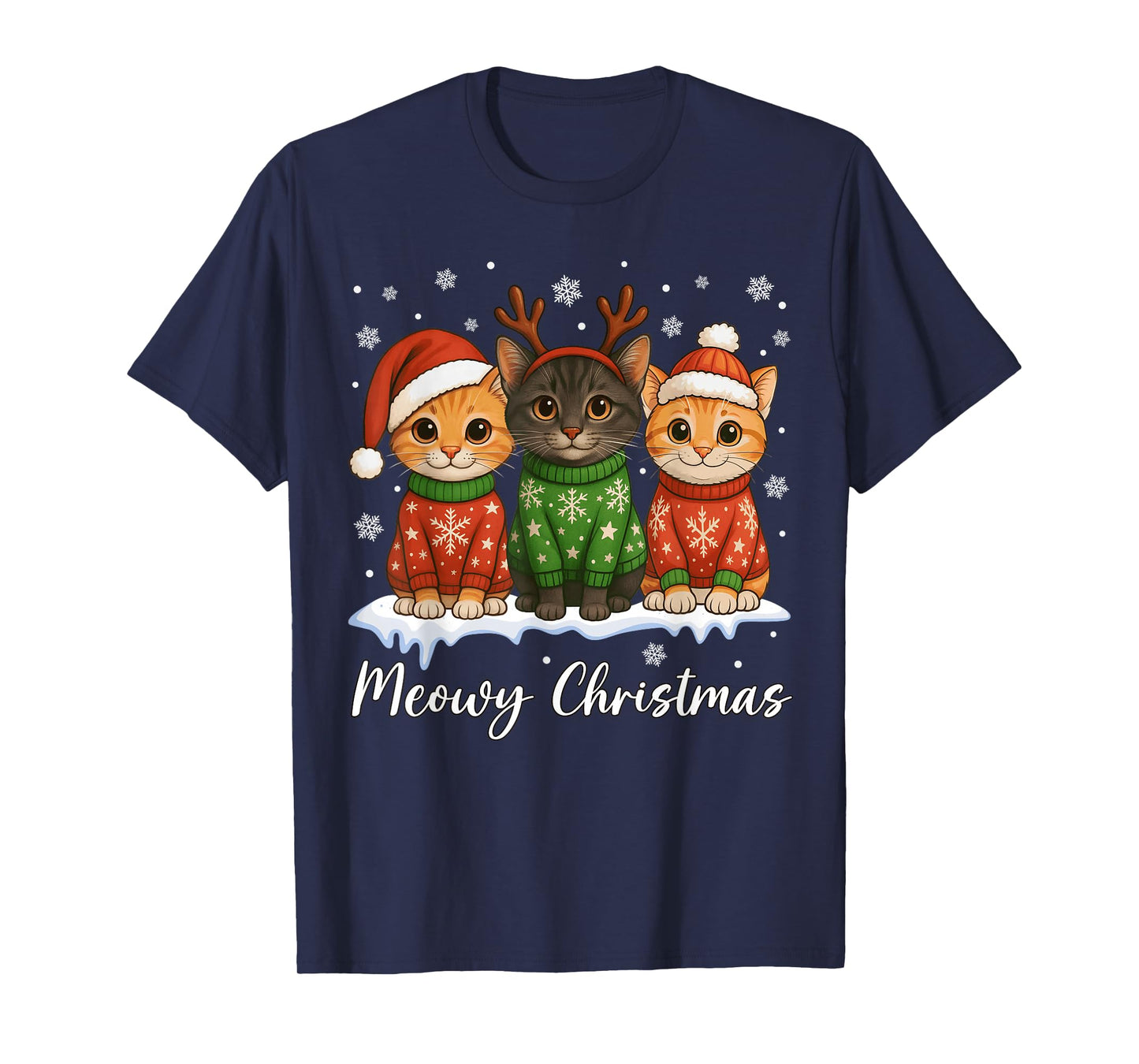 Cat Christmas Light Reindeer Santa Christmas Cat Lover T-Shirt