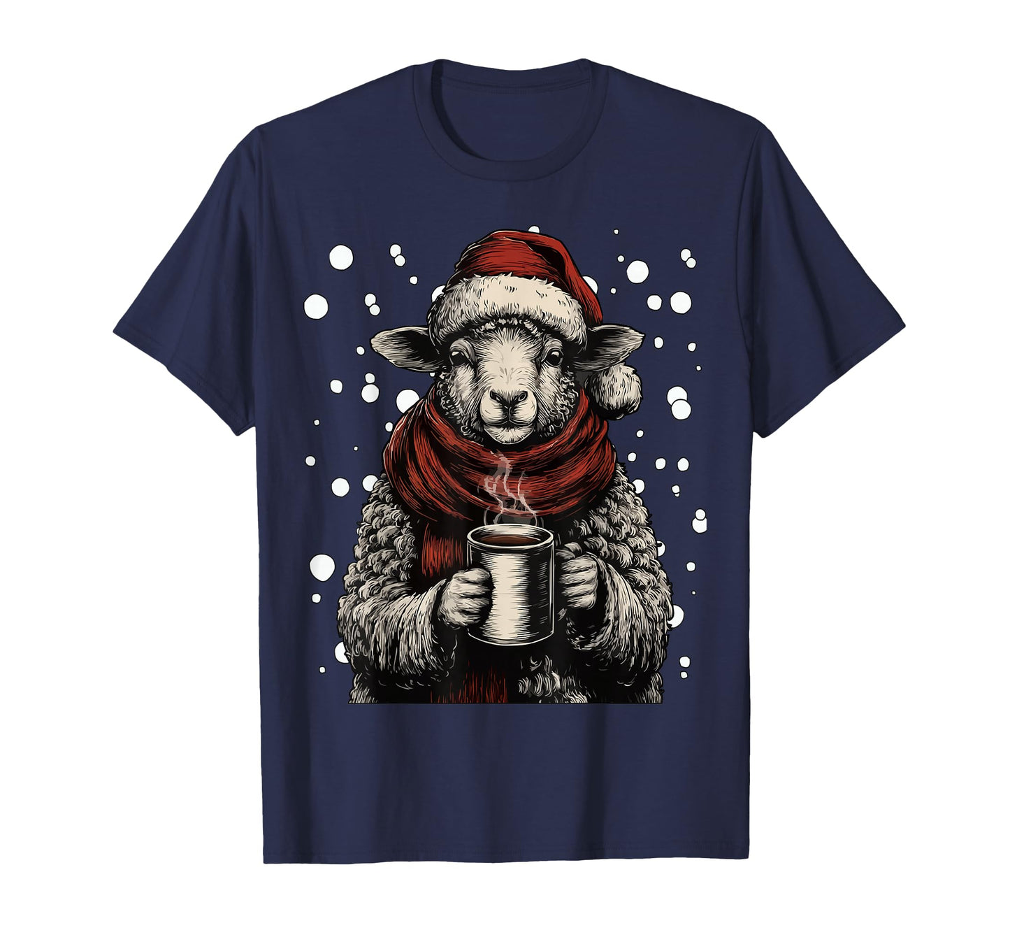 Cute Christmas Sheep Santa Hat Coffee Lover Funny Winter T-Shirt