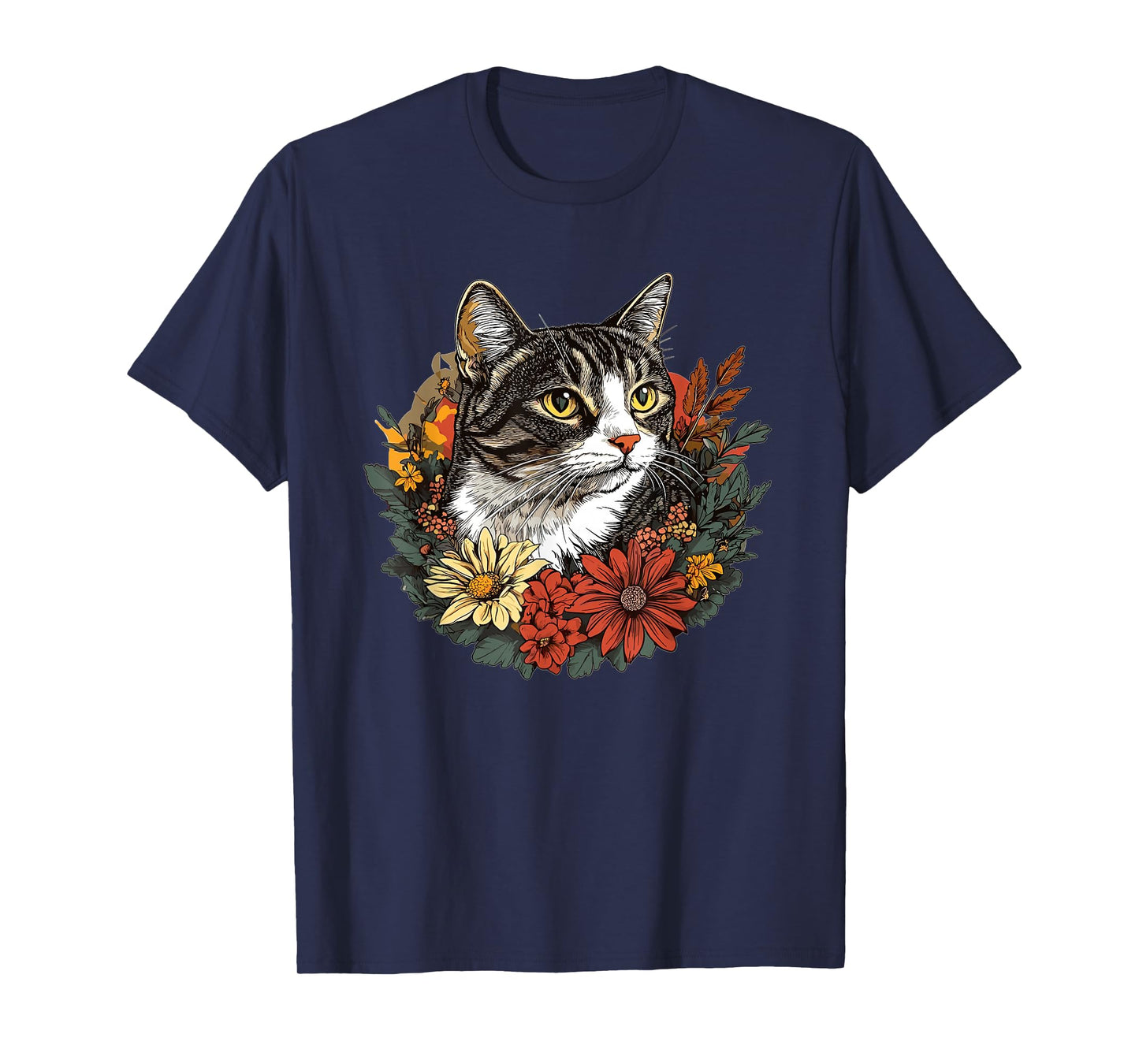 Tabby Cat Surrounded By Colorful Flowers T-Shirt