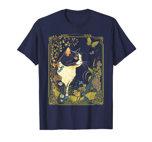 Cottagecore Aesthetic Cat Butterflies Flowers Garden Women T-Shirt Small