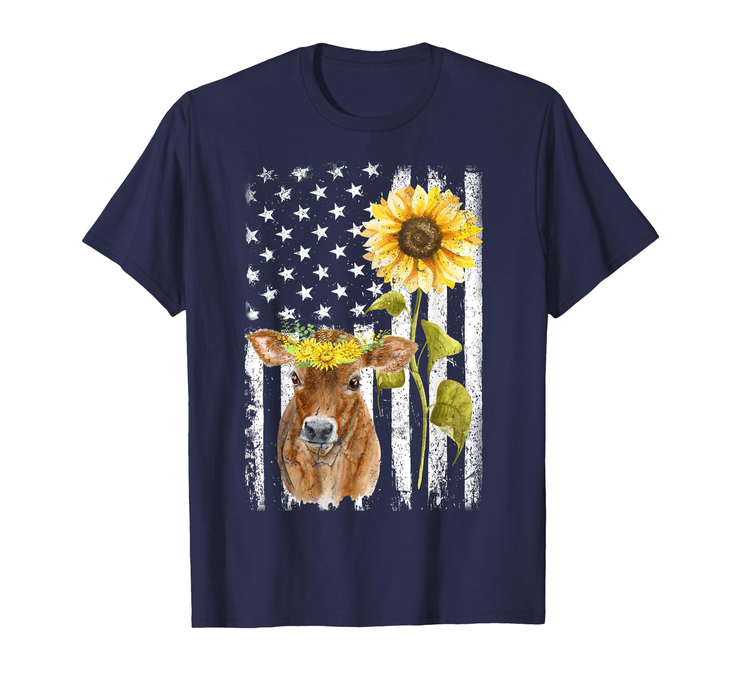 Cow USA Flag Sunflower Cow Lover Women Girls Kids Men T-Shirt