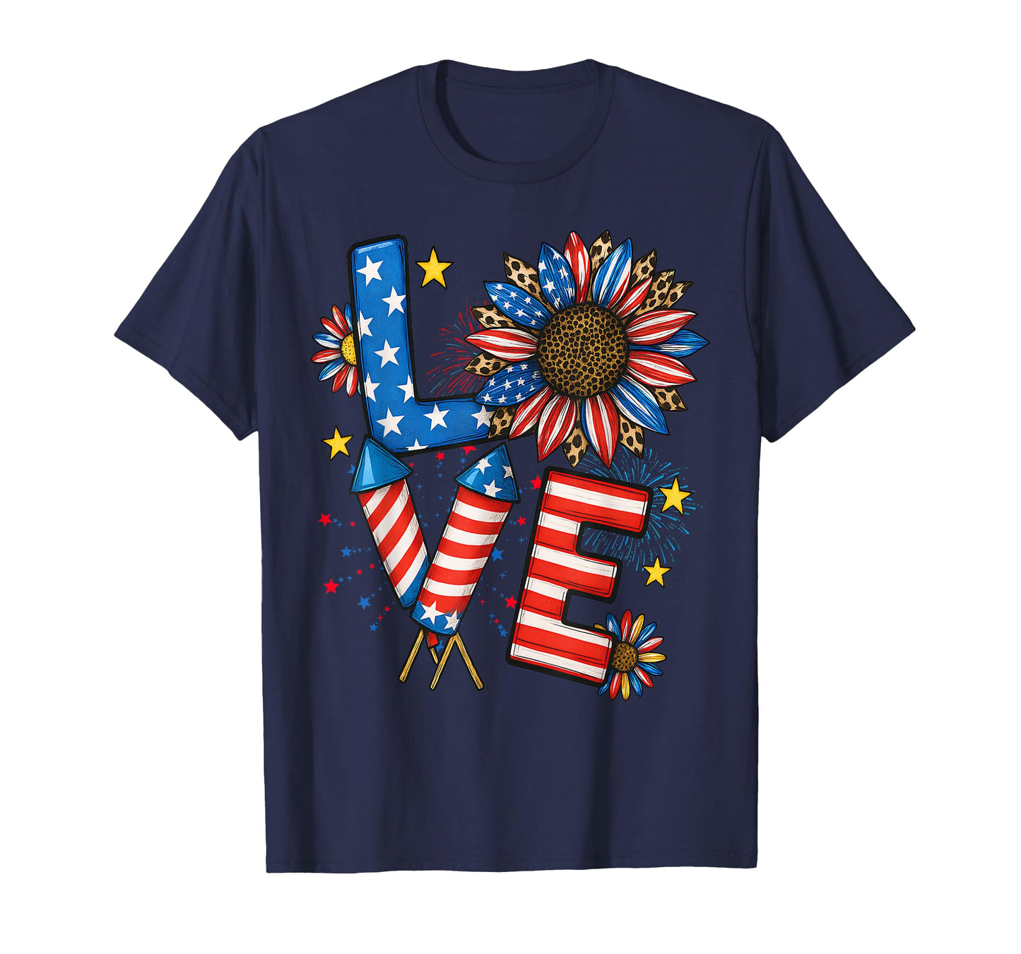 Patriotic LOVE 4th Of July American Flag Floral Fireworks T-Shirt