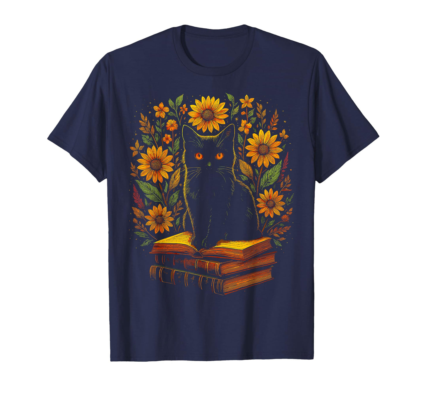 Vintage Black Cat Sunflower Books Reading T-Shirt