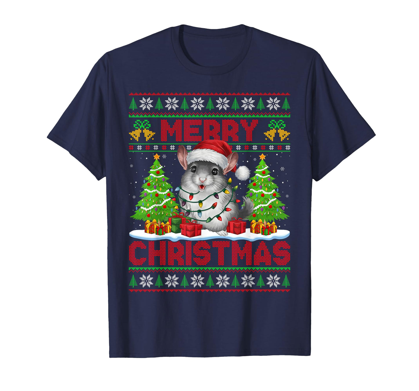 Chinchilla Ugly Christmas Sweaters Santa Hat Lights Xmas T-Shirt