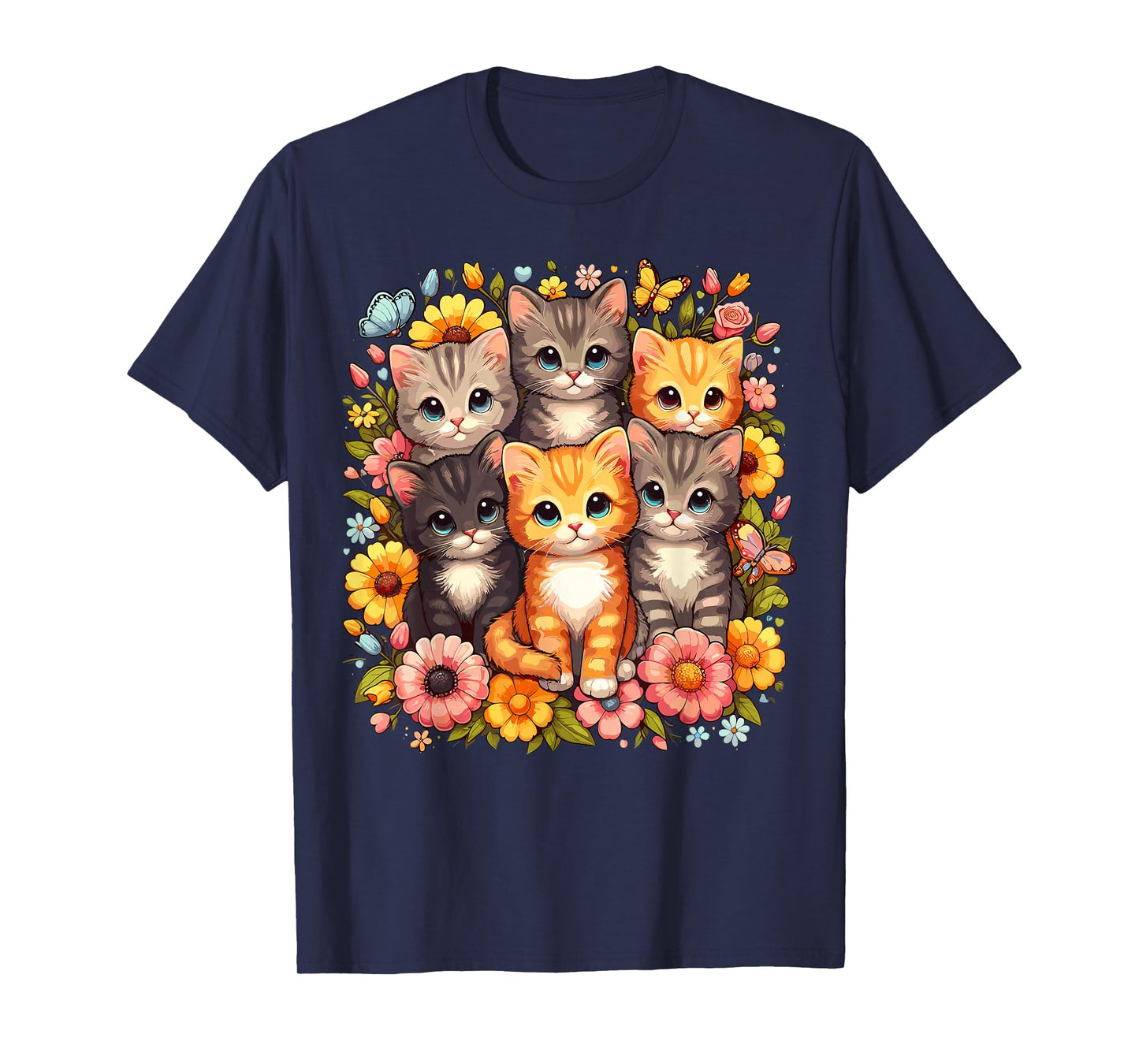 Cute Kittens with Floral Pattern T-Shirt