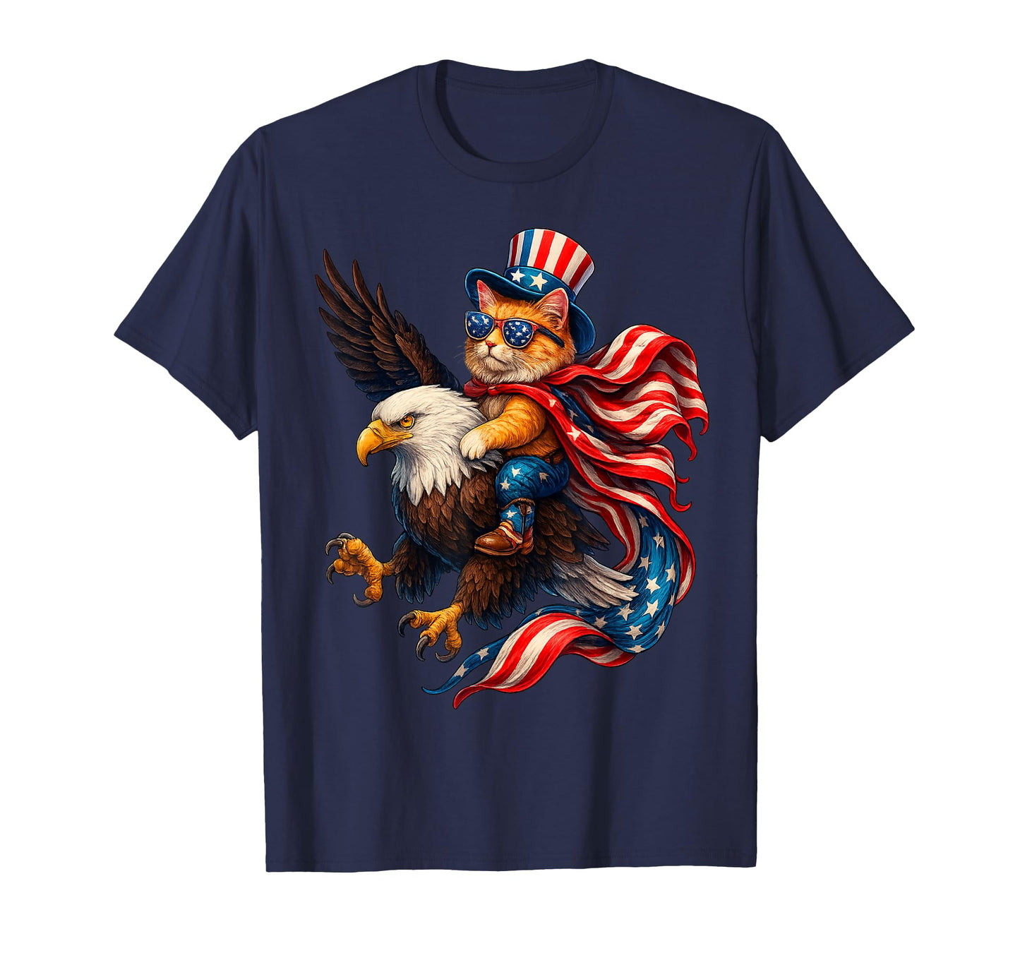 Patriotic Cat Riding Eagle Funny 4th of July American Flag T-Shirt