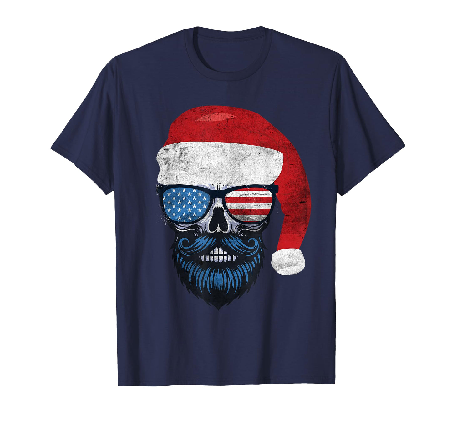 Hipster Santa US Flag Bearded Skull Sunglasses Patriotic T-Shirt