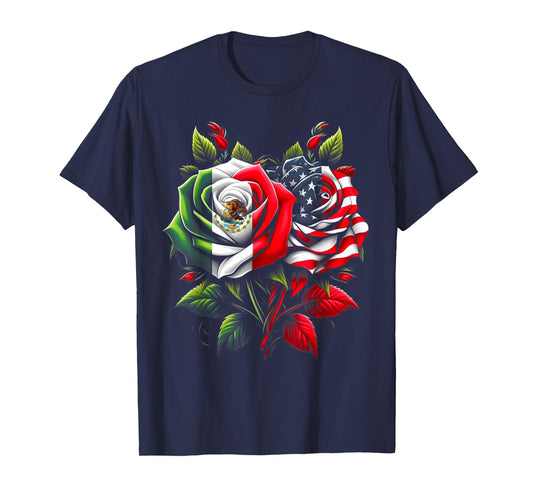 Mexico Mexican Roots Mexican Flag American Flag Rose Flower T-Shirt