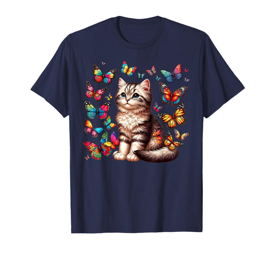 Cute Cat With Colorful Butterfly Art Pet Lover Kitten T-Shirt for Men Women Girls Kids