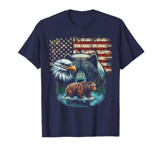 Eagle Wolf Bear USA Flag Freedom Patriotic Men Women Kids T-Shirt
