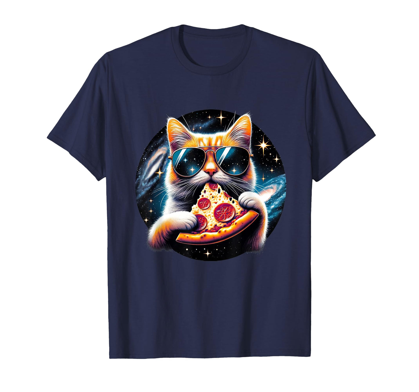 Funny Cat Eating Pizza in Space Kitty Galaxy T-Shirt
