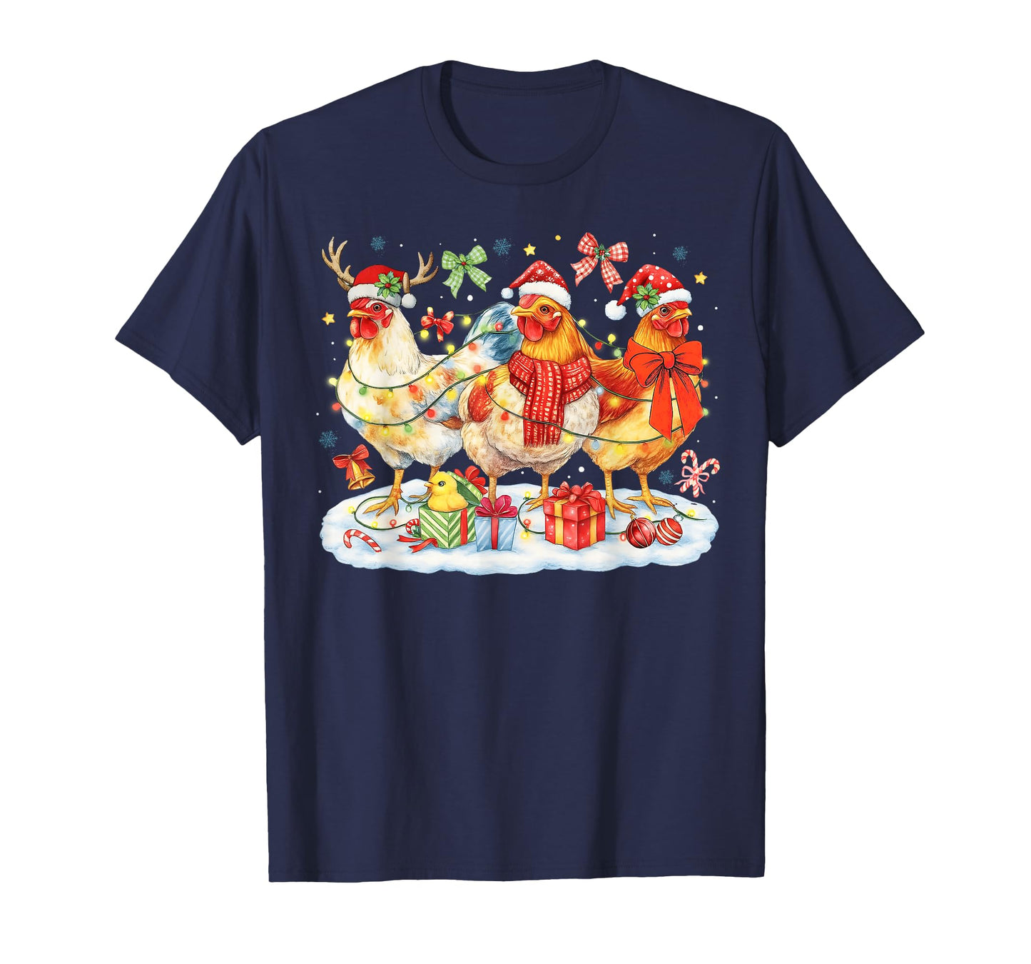 Chicken Christmas Lights Santa Hats Reindeer Funny Holiday T-Shirt