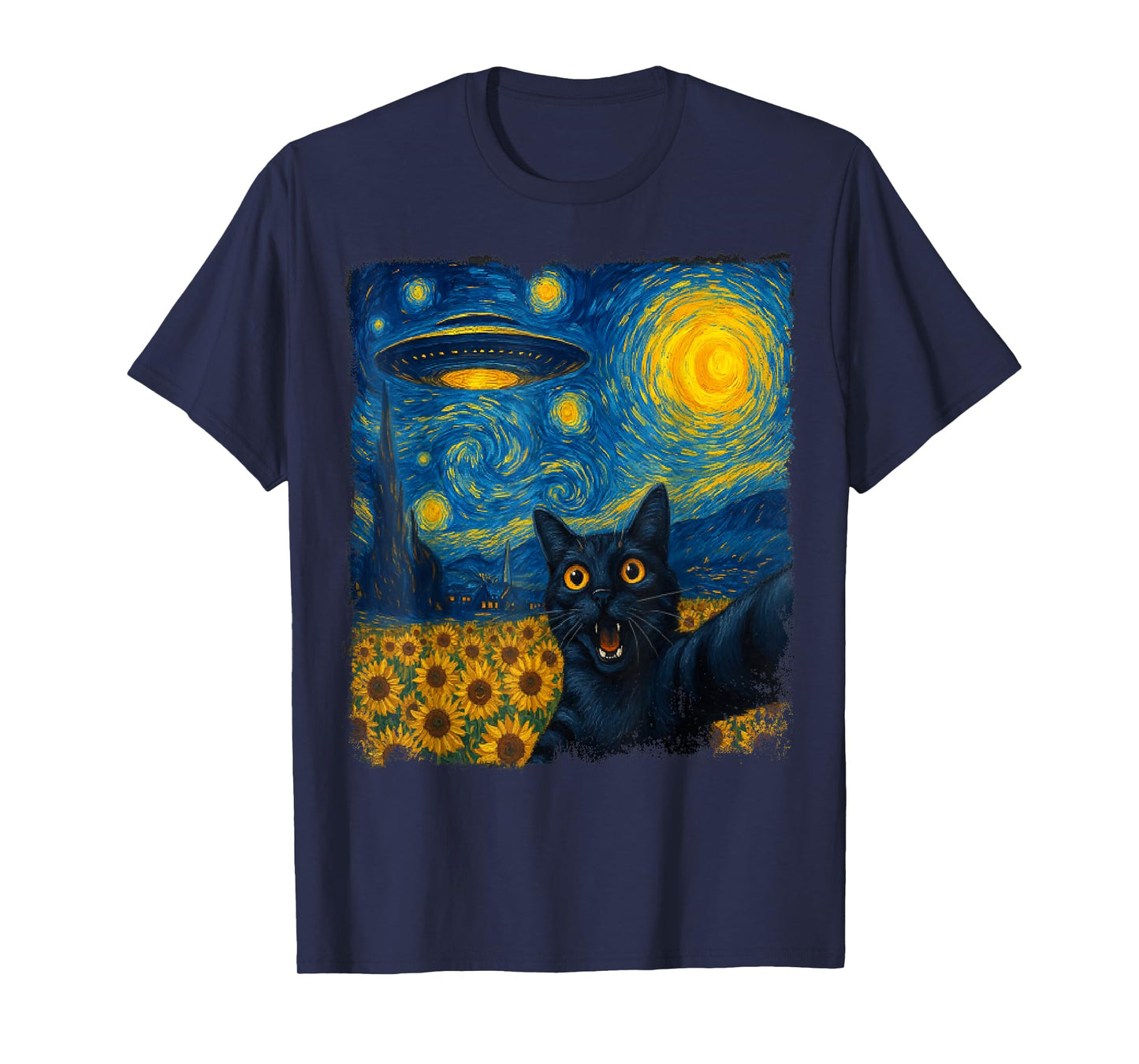 Cat Selfie with UFO Starry Night Van Gogh Cat Men Women Kids T-Shirt