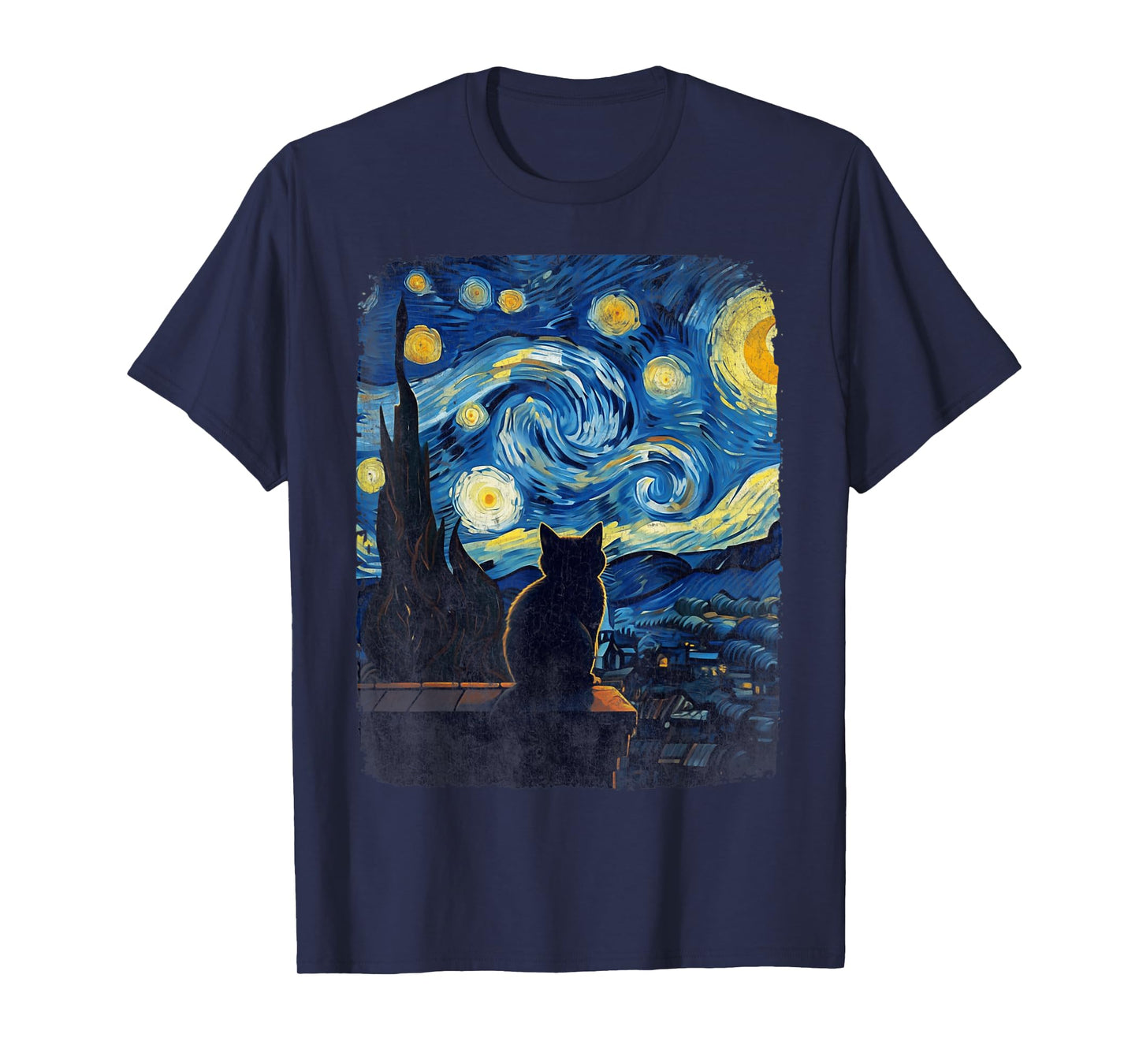 Cat Gifts for Cat Mom Dad Womens Starry Night Van Gogh Cat T-Shirt