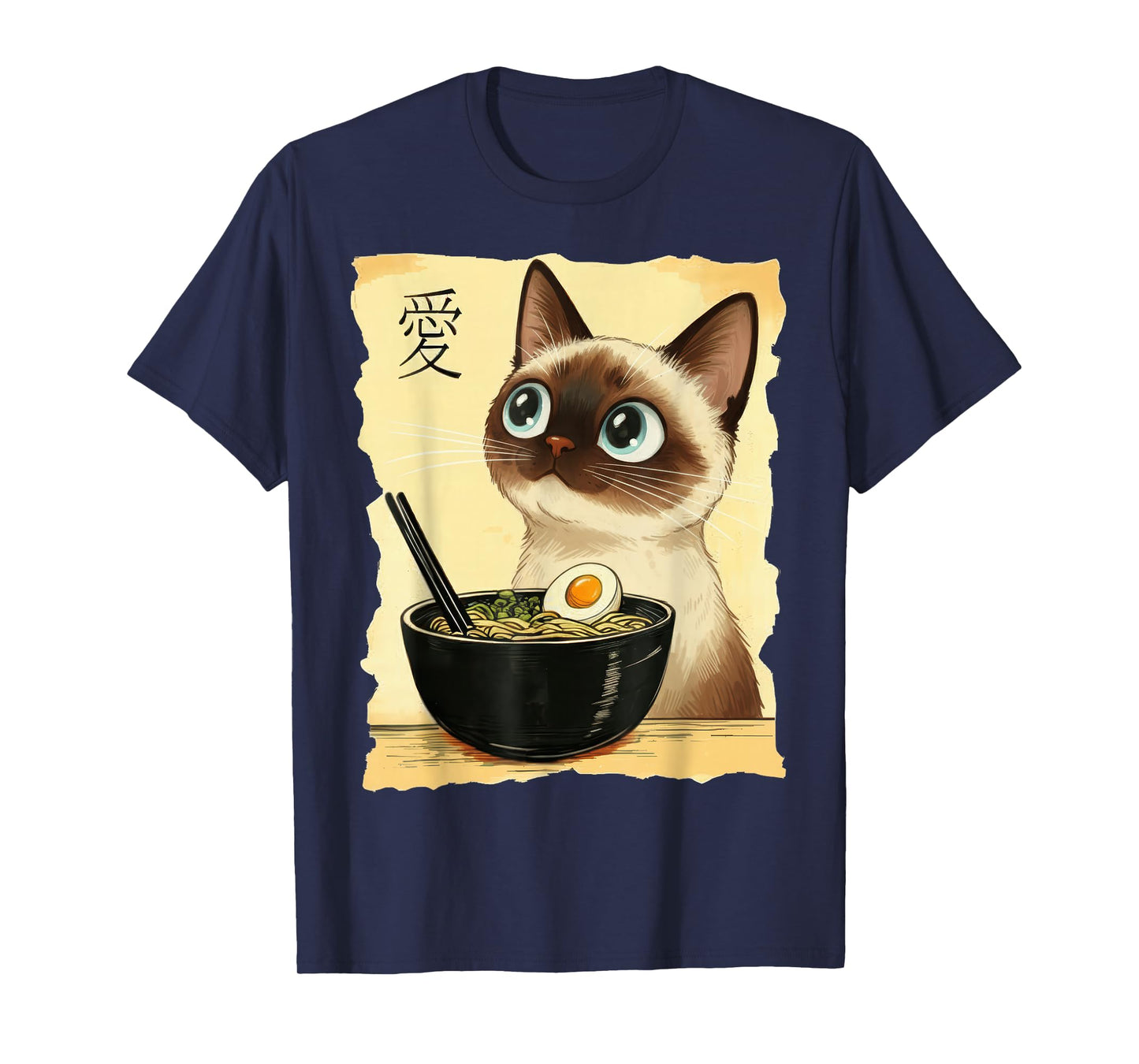 Funny Siamese Cat Eating Ramen Noodles Japanese Art Lovers T-Shirt