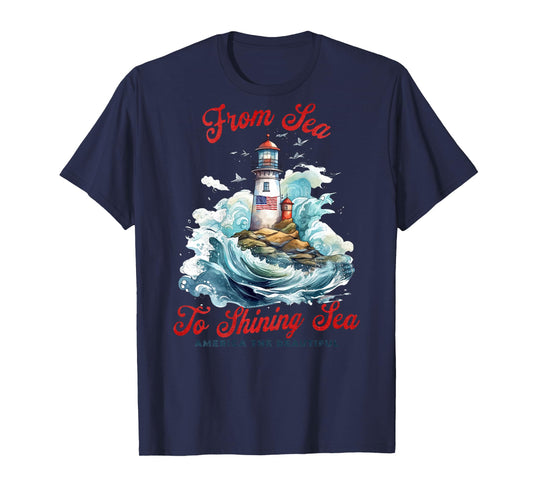 On Back Patriotic Sea to Shining Sea Lighthouse 4th of July T-Shirt