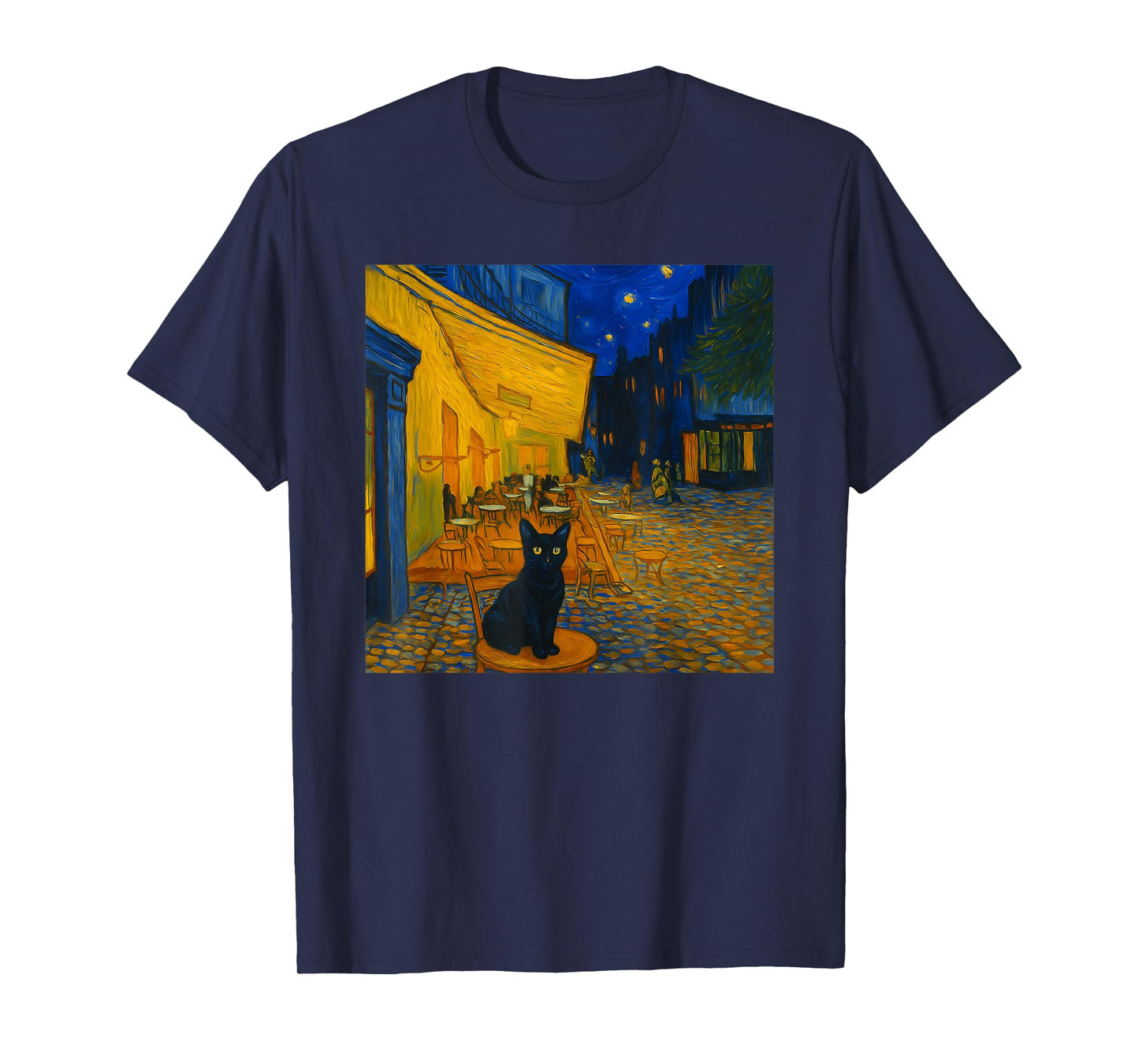 Cafe Terrace At Night With Cat Funny Famous Artist Painting Men Women Kids T-Shirt