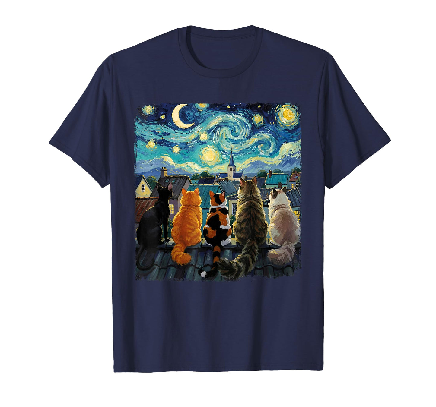 Funny Cat Starry Night Van Gogh Cats Rooftop Scene Feline T-Shirt