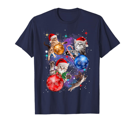 Cute Christmas Cats in Space Ornaments T-Shirt