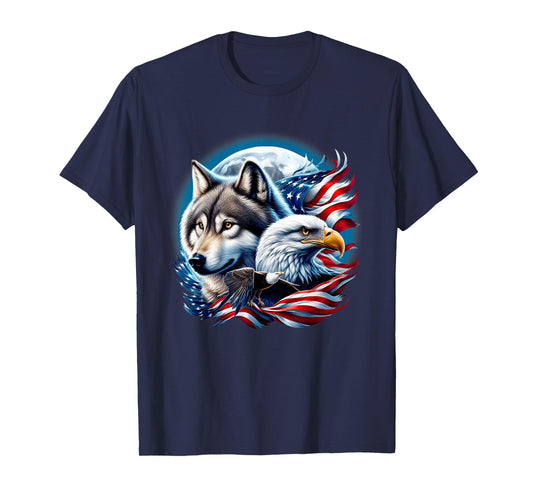 Wolf Bald Eagle American Flag Full Moon New Years Wolf Lover T-Shirt
