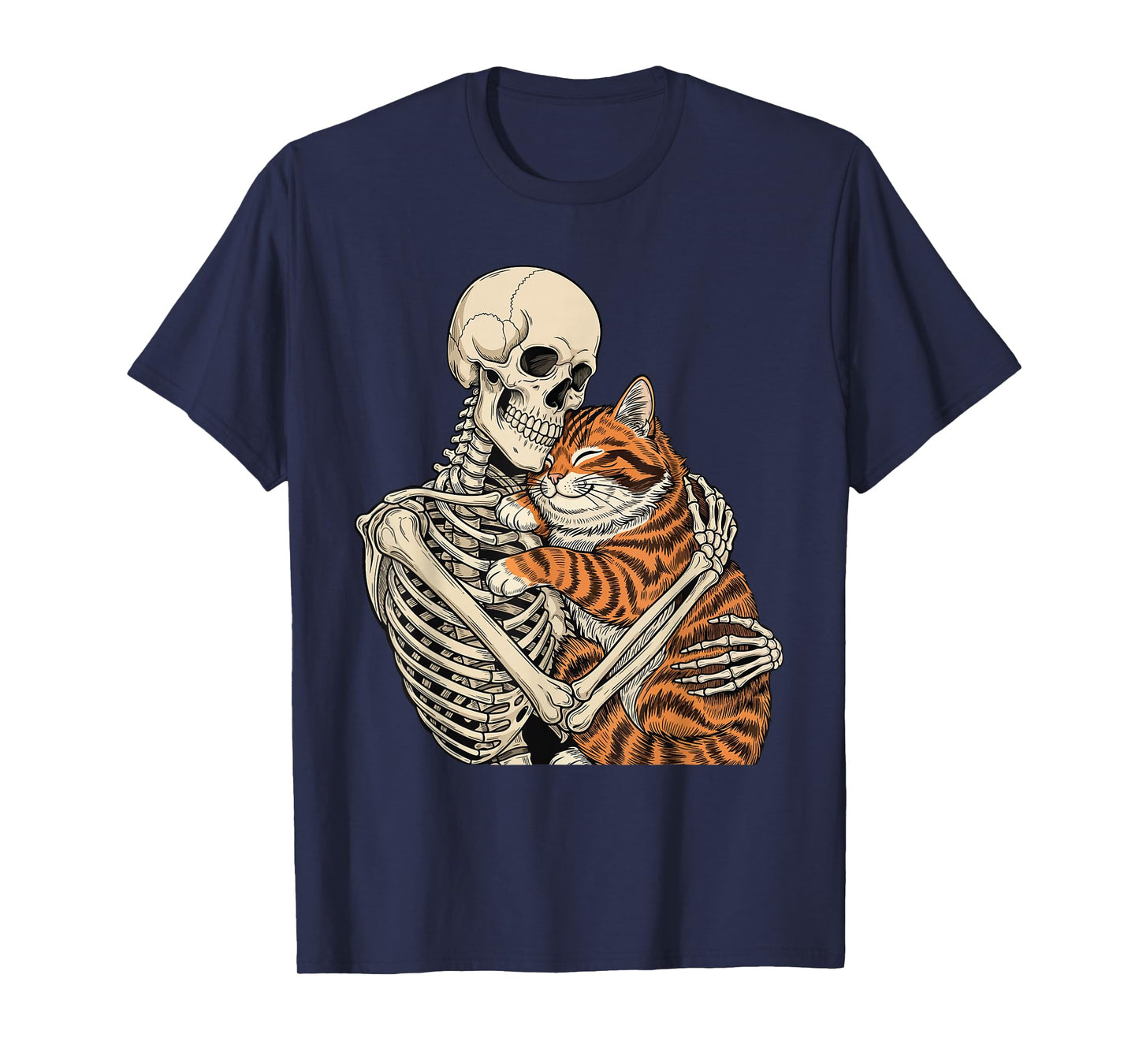 Skeleton Hugging Cat - Spooky Halloween Cat Lover Kitty T-Shirt