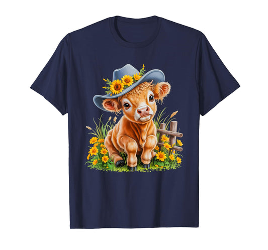 Baby Highland Cow Calf Western Cottagecore Sunflower Heifer T-Shirt