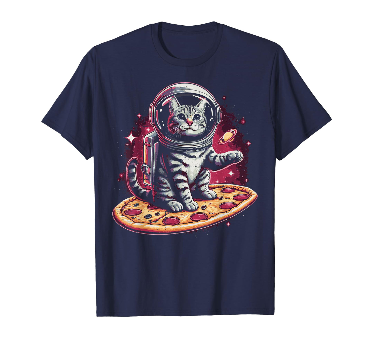 Astronaut Cat On Pizza Funny Kitten Food Pun Men Women Kids T-Shirt