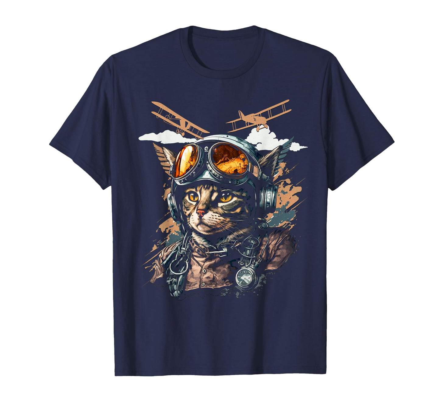 Funny Vintage Cat Airplane Pilot T-Shirt for Men Women Kids