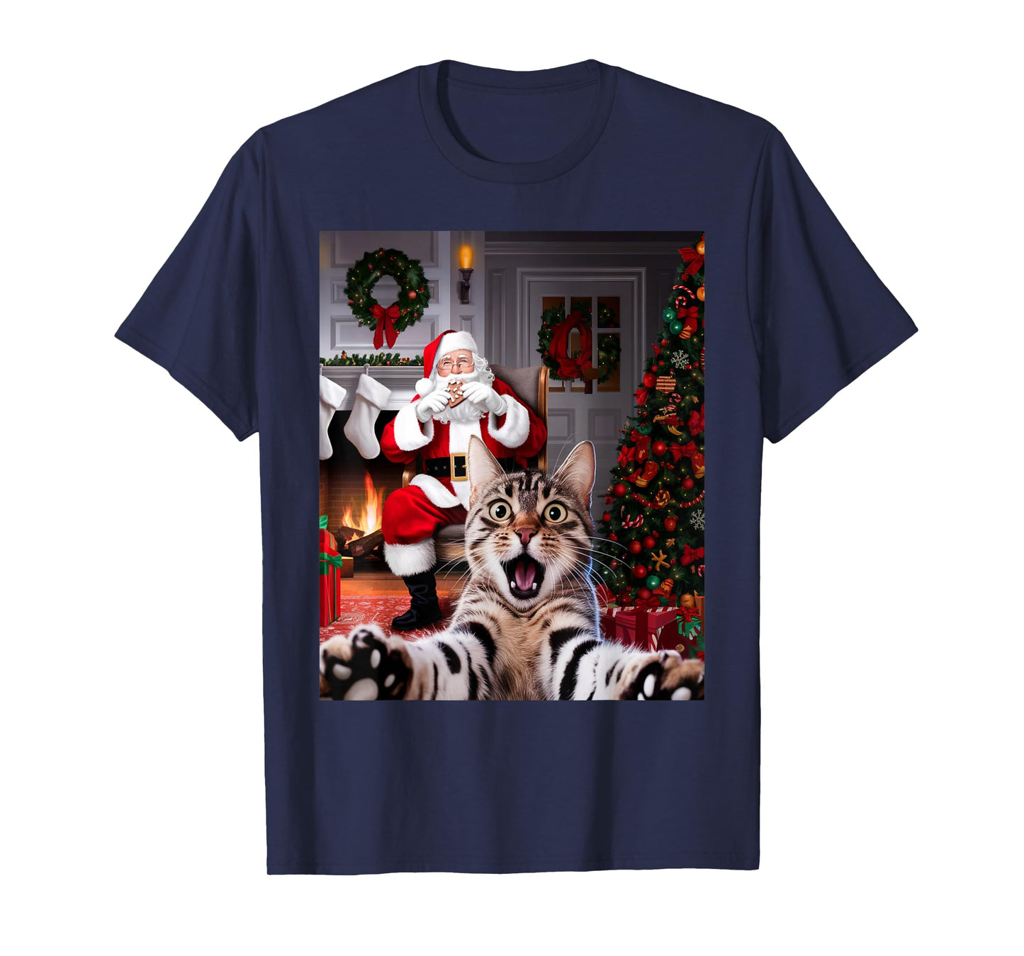 Christmas Funny Cat Selfie with Santa Claus Cute Holiday T-Shirt for Men Women Kids