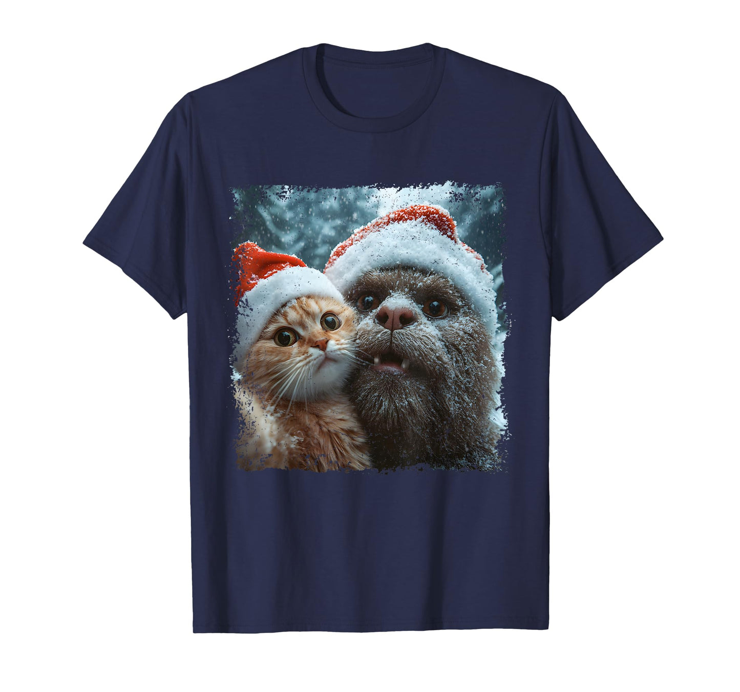 Funny Bigfoot and Cat Christmas Selfie Design T-Shirt