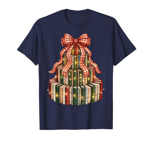 Coquette Christmas Book Tree Xmas Lights Librarian Teacher T-Shirt