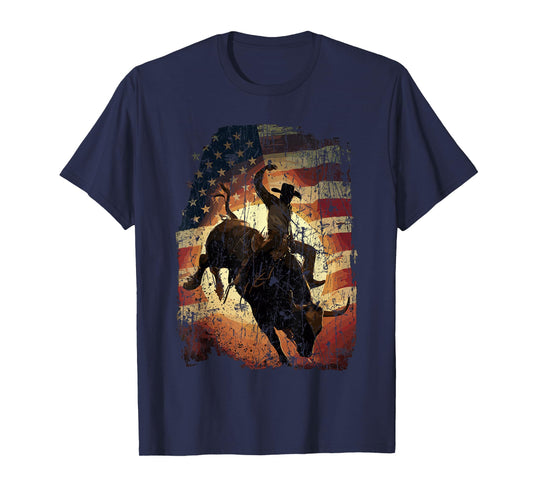 Rodeo Rider Bull Patriotic Cowboy USA Flag T-Shirt
