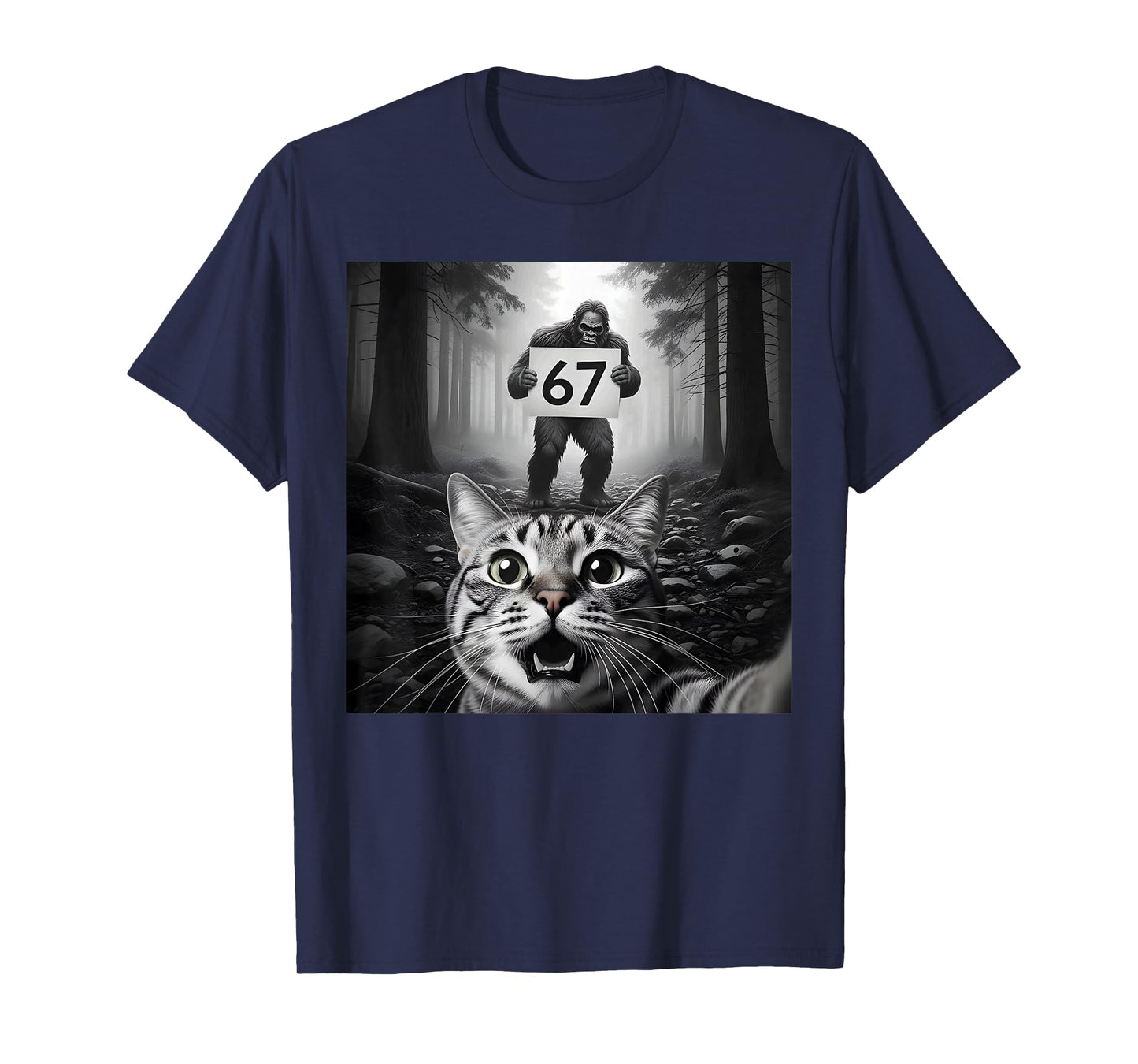 Funny Cat Selfie with Bigfoot 67 Six Seven Meme Men Boy Kids T-Shirt