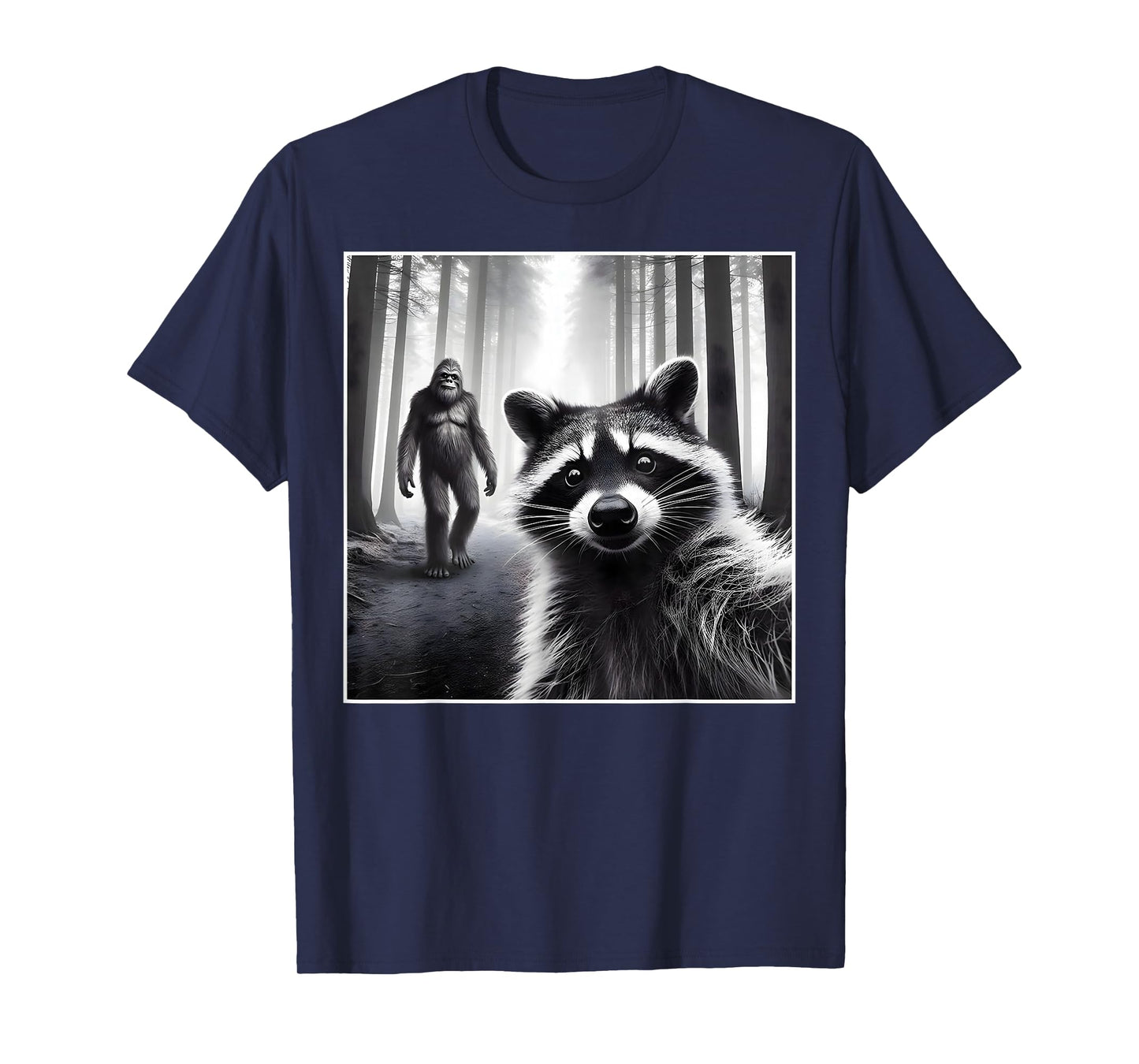 Scared Raccoon Selfie with Sasquatch Bigfoot Funny Raccoon T-Shirt