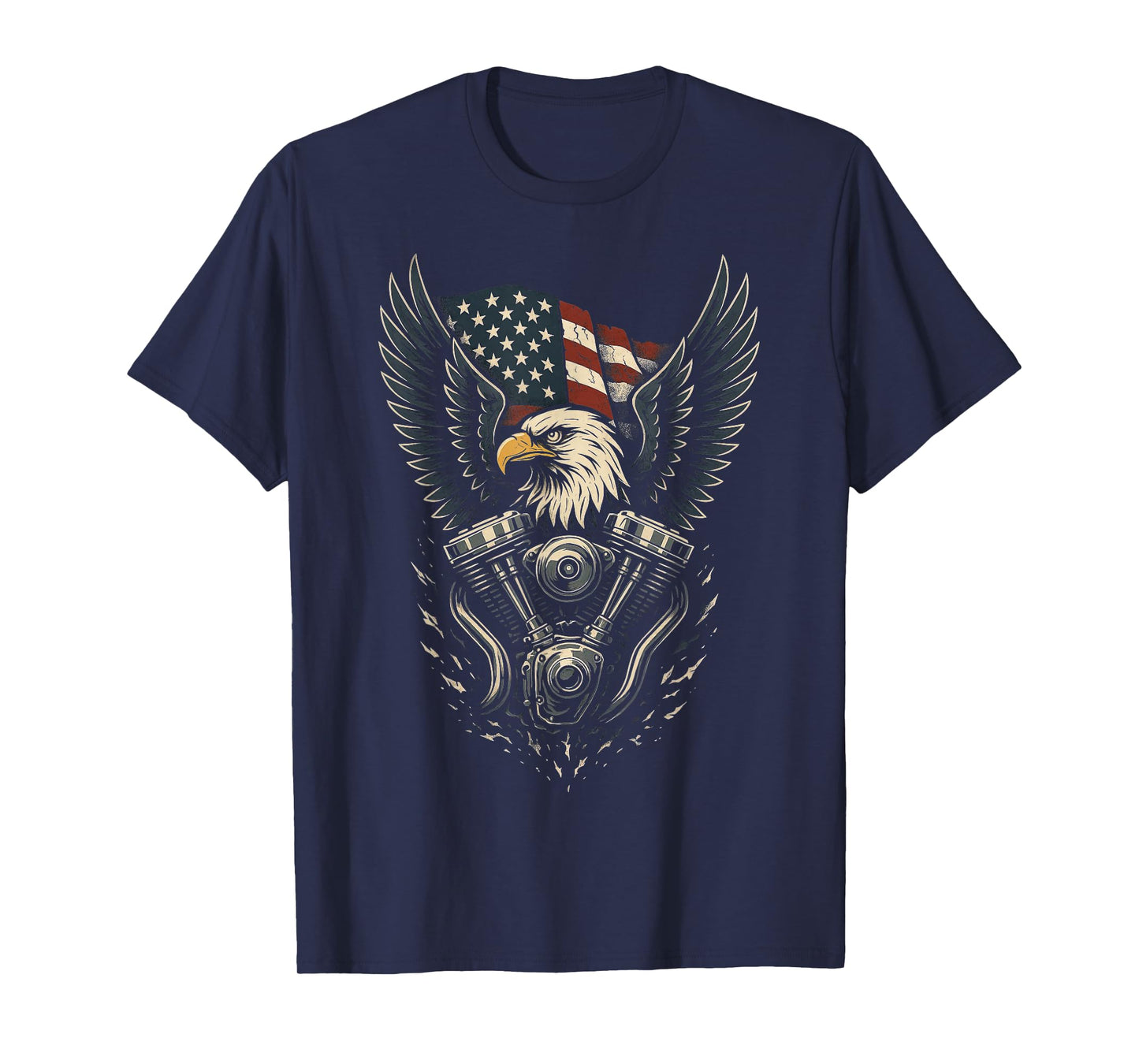 Patriotic Bald Eagle V Twin Engine American Flag Biker T-Shirt