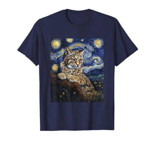 Cute Bobcat Graphic - Van Gogh Style - Starry Night T-Shirt