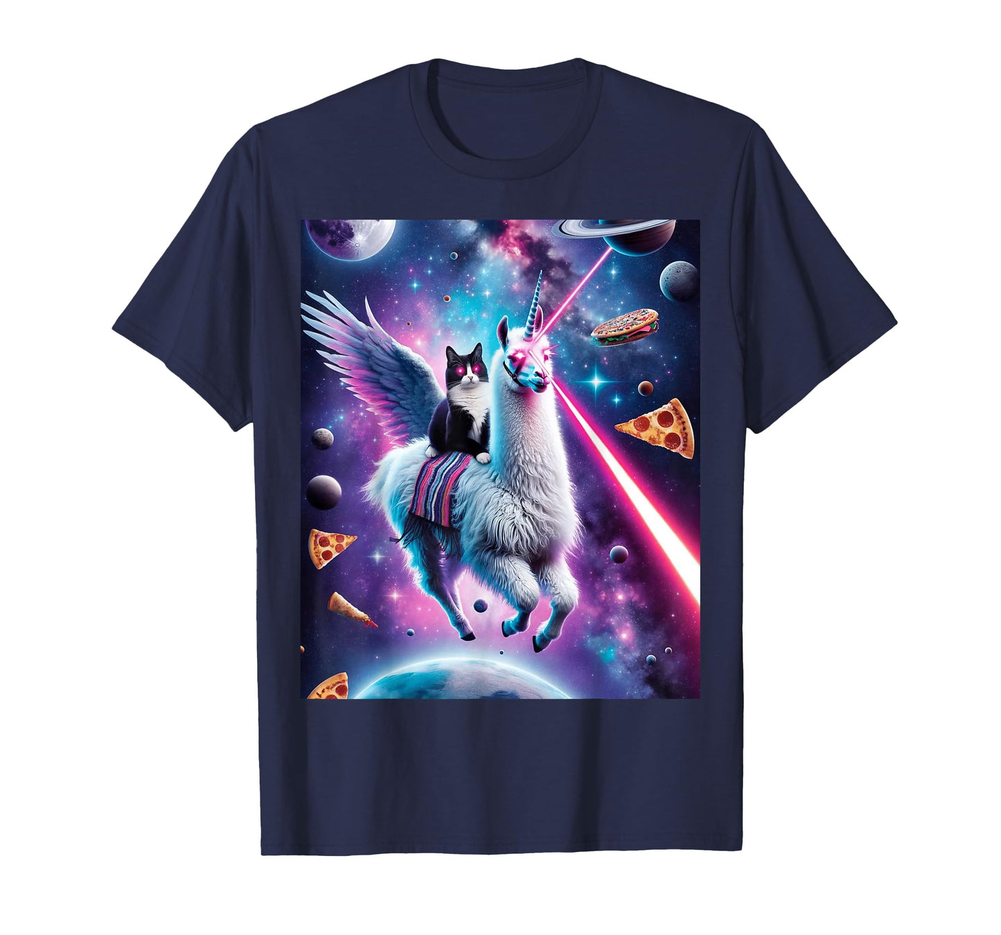 Laser Eyes Outer Space Cat Riding Llama Unicorn Ufo Tacos T-Shirt