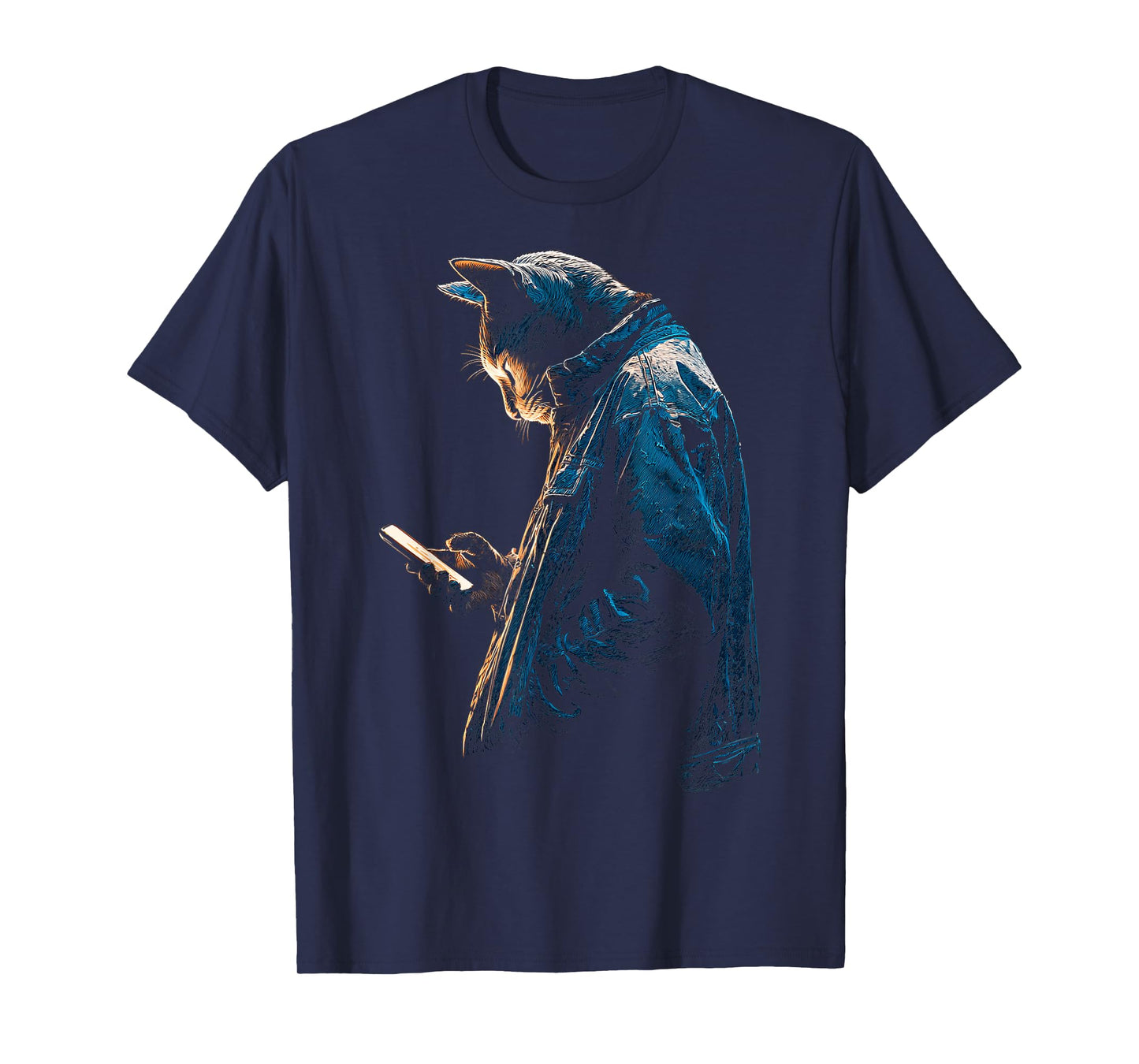 Cat Holds Cellphone Wandering Graphic Animal Artwork Cat T-Shirt