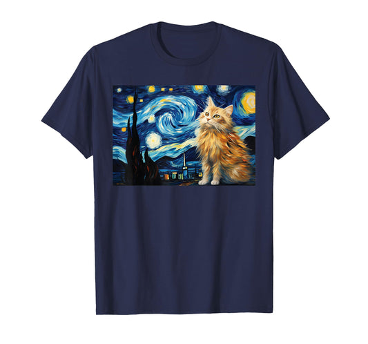cute red cat Painting art Starry Night kitty kitten Van Gogh T-Shirt