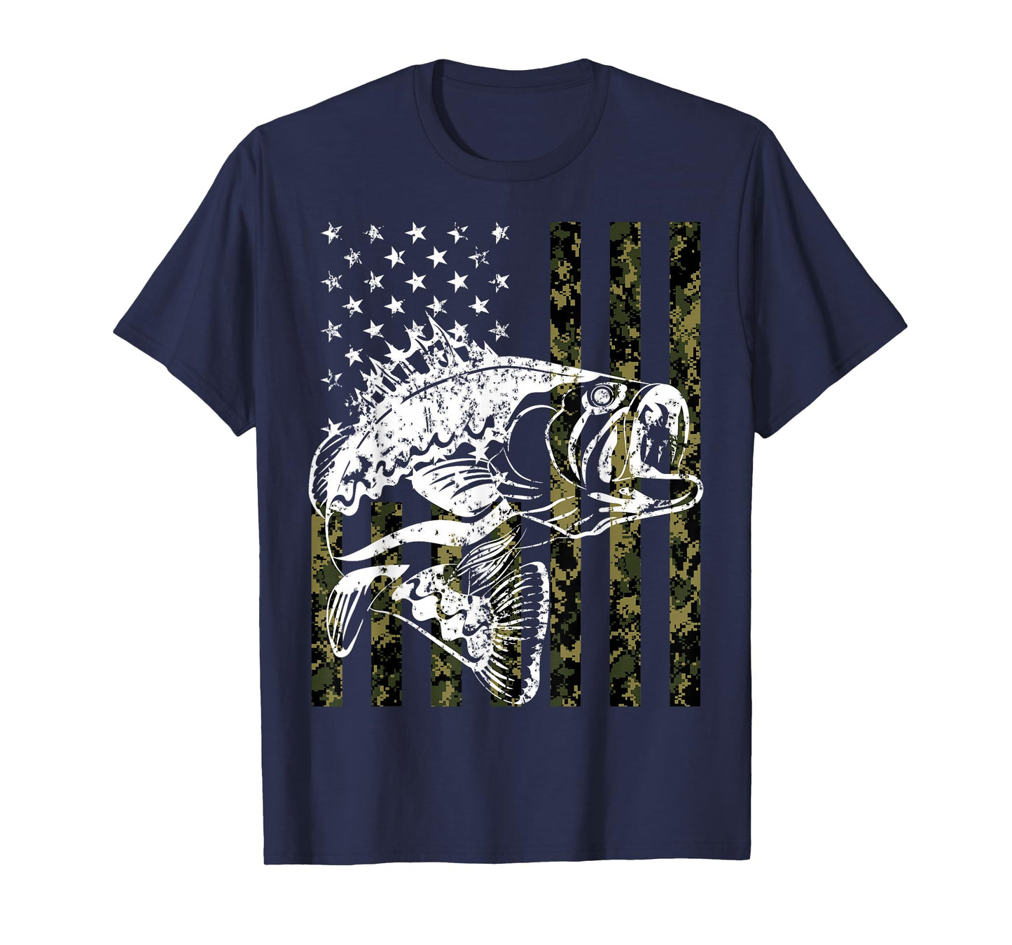 Fishing, Camouflage American Flag Fish, Bass Fish Fisherman T-Shirt Small