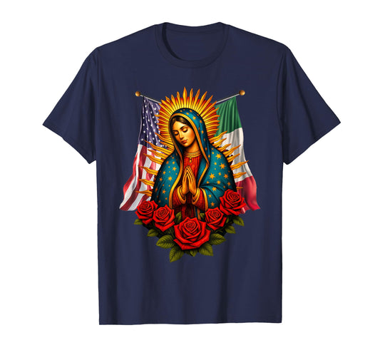 Virgen De Guadalupe Virgin Mary Mexican American Flag T-Shirt