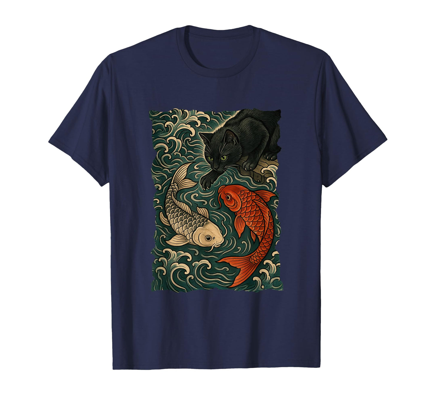 Cat Graphic Tee Women Men Funny Yin Yang Fish Japanese Art T-Shirt