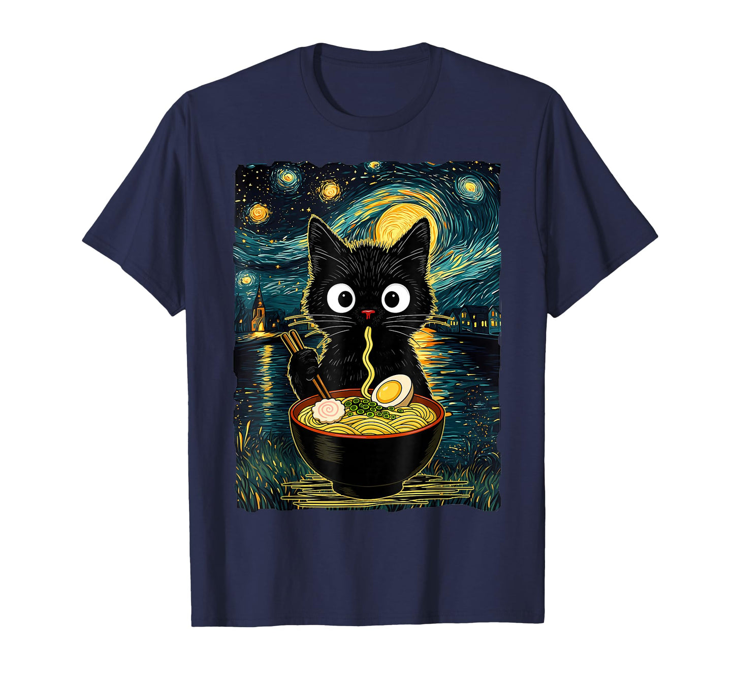 Vintage Japanese Cat Ramen Starry Night Van Gogh Retro Anime T-Shirt