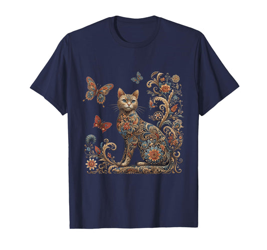 Cottagecore Cat Shirt Vintage Floral Butterfly Kitten Lover T-Shirt