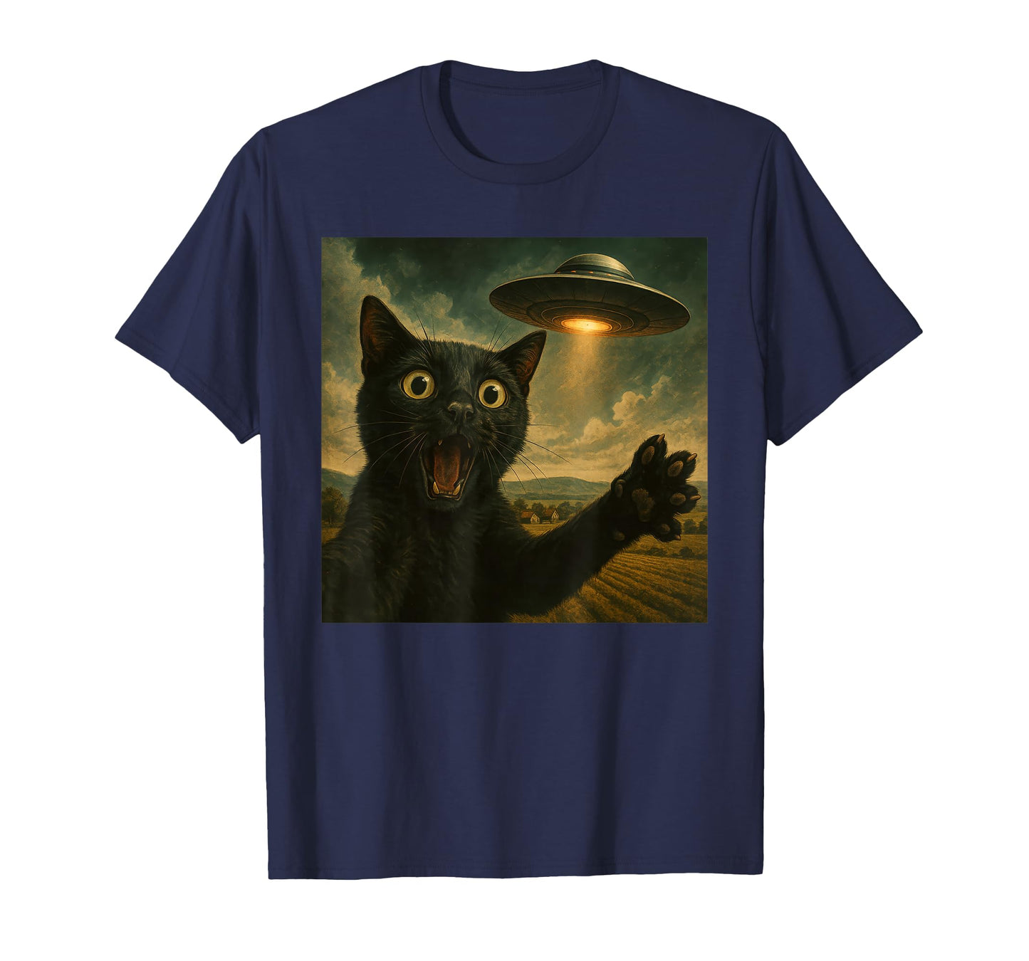 Black Cat Selfie With Alien UFO Funny Cat T-Shirt