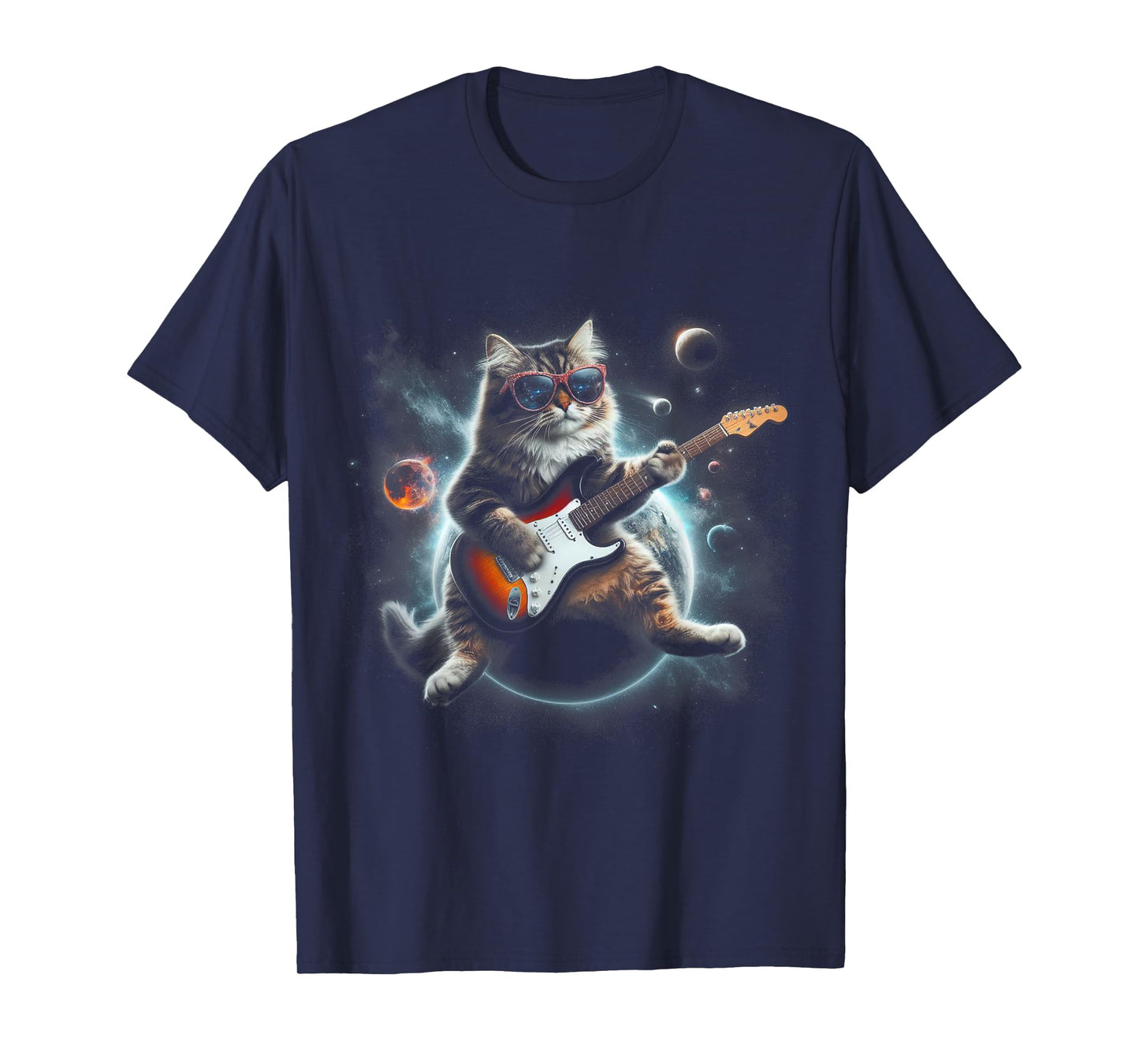 Rock Cat Playing Guitar Electric in space Funny kitty Galaxy T-Shirt for Men Women Kids