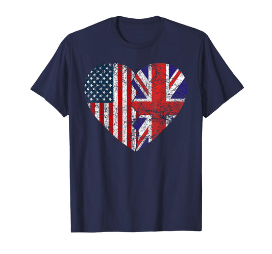 British American Flags Heart | United States UK Roots T-Shirt