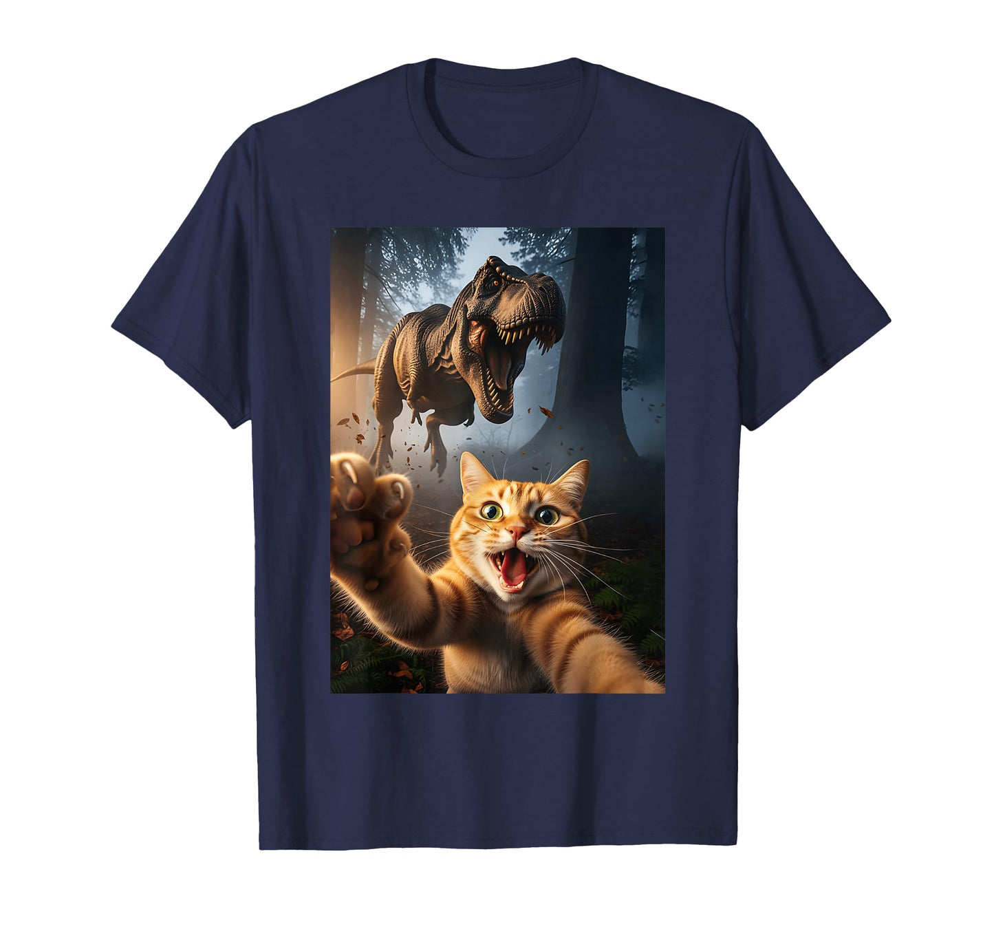 Orange Cat Selfie with T-Rex Dinosaur Funny Men Women Kids T-Shirt